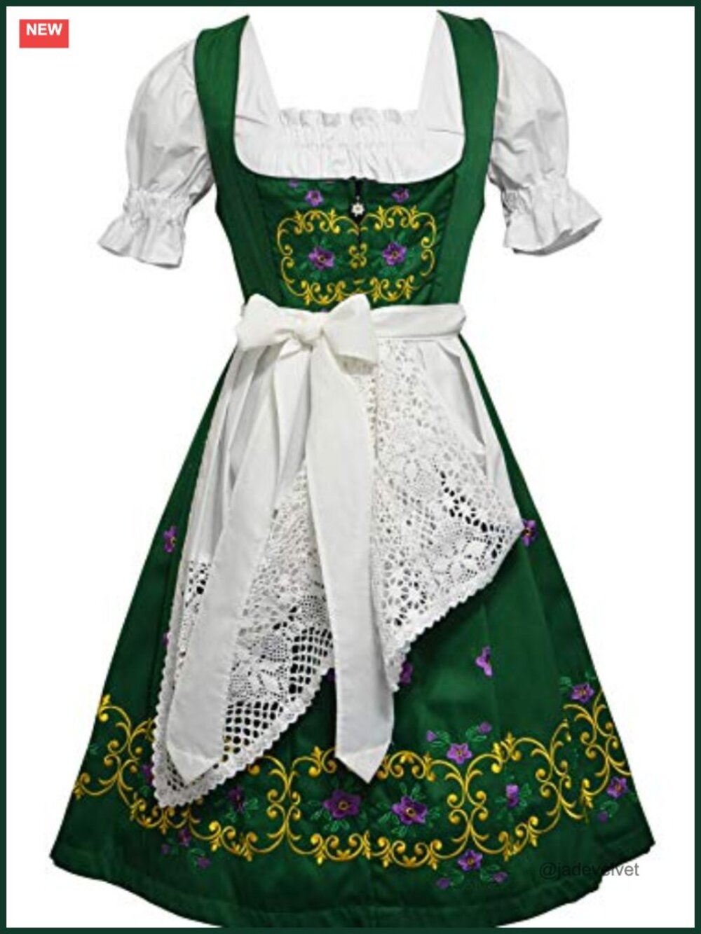 3-Piece German Oktoberfest Dirndl Dress with Lace Apron and Blouse, Cotton